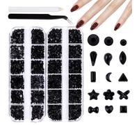 Snmzlc 2 Boxes mini Nail Art Rhinestones Multi Shape Nail gem Design Charm 3D Star Heart Water Drop Butterfly Moon Square Diamond Black Mix DIY Acrylic Nail kit US275 (Black)
