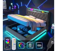 SNNAQON 5ft King Ottoman Upholstered Bed with 360° LED Lighting, Hydraulic Storage, Charging Function, 150x200cm PU Frame, No Mattress,GreyLinen0