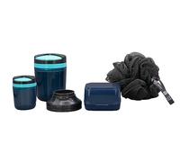 SNOAP Erebus Accessories Bundle - Anthracite Grey & SNOAP Blue - Large & Small On-the-Go Dispensers, Funnel, Recycled Ocean Plastic Shower Puff & SNOAP Box - Main Dispenser NOT Included