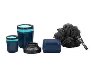 SNOAP Erebus Accessories Bundle - Anthracite Grey & SNOAP Blue - Large & Small On-the-Go Dispensers, Funnel, Recycled Ocean Plastic Shower Puff & SNOAP Box - Main Dispenser NOT Included