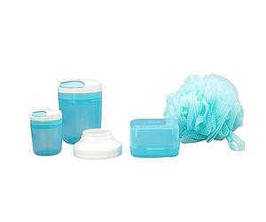 SNOAP Theia Accessories Bundle - Glossy White & SNOAP Blue - Large & Small On-the-go Dispensers, Funnel, Recycled Ocean Plastic Shower Puff & SNOAP Box - Main Dispenser NOT Included