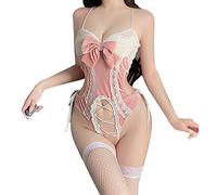 SNOMYRS Crotchless Teddy Bodysuit Sexy Bunny Costumes Deep V Bow Front Rabbit Cosplay Lingerie Bodysuit Set Bunny Suit Mesh Fishnet Babydoll