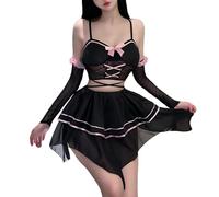 SNOMYRS Gothic Lingerie Sexy Anime Cosplay Outfits Cute Bow See-Through Lolita Top Skirt Set For Halloween Rave Club Black