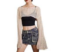 SNOMYRS Mesh Top Long Sleeve Y2k Crop Tops Crochet Shawl See Through Fishnet Shrug Knit Bolero Sweater Bikini Cover Ups