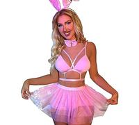 SNOMYRS Sexy Bunny Rave Outfits Mesh Cosplay Lingerie Metallic Crop Top Pink Bodysuit Suit Festival Outfits For Women Plus Size