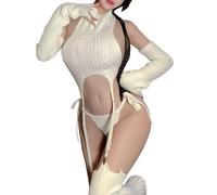 SNOMYRS Virgin Killer Sweater Japanese Sexy Cosplay Garter Lingerie Set Stockings Crop Top Panty Teddy Bodysuit For Women White
