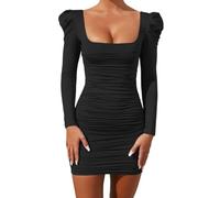SNOMYRS Women Bodycon Mini Dress Sexy Ruched Dress Square Neck Long Sleeve Club Party Short Dresses
