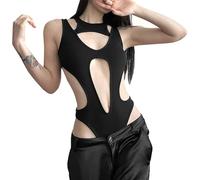 SNOMYRS Women Cutout Bodysuit Black Y2k Goth Sleeveless Hollow Out Rave Outfits Romper Jumpsuits Party Club One Piece
