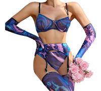 SNOMYRS Women Garter Belt And Thigh Highs Set Mesh Starry Graphic Print Rave Outfits Bikini Sexy Lingerie Bra And Panty Purple