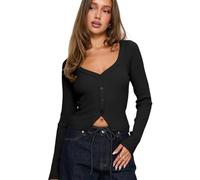 SNOMYRS Women Knitted Cardigan Long Sleeve Shirts Ribbed Knit Button Down Sweater Lightweight Cropped Top