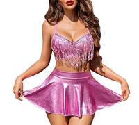 SNOMYRS Women Metallic Top And Skirt Sequin Fringe Cosplay Lingerie Y2K Rave Outfits Festival Club Music Costume Pink