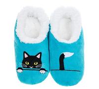Snoozies! Pairables Womens Super Soft Sherpa Fleece, Non Slip Sole, Ladies Slippers - Peak a Boo Cat Design - Sizes 3-7 (Blue)