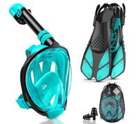 Snorkel Set Adults Full Face Snorkel Mask with Flippers, Snorkeling Mask & Swim Fins, Panoramic View Snorkel Mask Fins Anti-Fog Anti-Leak Foldable Design with Carrying Bag