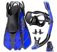 Snorkel Set Adults Men Women, 4 in 1 Snorkeling Gear with 180° Panorama View Scuba Diving Mask Anti-Fog Anti-Leak, Dry Top Snorkel, Adjustable Flippers, Swimming Earplugs and Travel Bag (Blue, S/M)