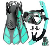 Snorkel Set Adults Men Women, 4 in 1 Snorkeling Gear with 180° Panorama View Scuba Diving Mask Anti-Fog Anti-Leak, Dry Top Snorkel, Adjustable Flippers, Swimming Earplugs and Travel Bag (Green, L/XL)