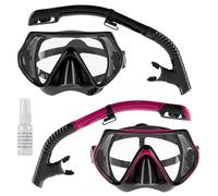 Snorkel Set Adults, Scuba Snorkelling Packages with 180° Panoramic Anti-Fog Tempered Glass Snorkel Mask, Leak Proof Dry Top Snorkel for Snorkeling Diving Swimming with Anti Fog Spray （Black+Pink）