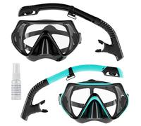 Snorkel Set Adults, Scuba Snorkelling Packages with 180° Panoramic Anti-Fog Tempered Glass Snorkel Mask, Leak Proof Dry Top Snorkel for Snorkeling Diving Swimming with Anti Fog Spray（Black+Green）