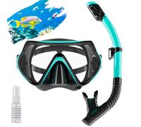 Snorkel Set Adults, Scuba Snorkelling Packages with 180° Panoramic Anti-Fog Tempered Glass Snorkel Mask, Leak Proof Dry Top Snorkel for Snorkeling Diving Swimming with Anti Fog Spray(Green)
