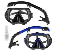 Snorkel Set Adults, Scuba Snorkelling Packages with 180° Panoramic Anti-Fog Tempered Glass Snorkel Mask, Leak Proof Dry Top Snorkel for Snorkeling Diving Swimming with Anti Fog Spray（Black+Blue）