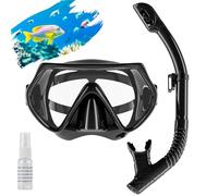 Snorkel Set Adults, Scuba Snorkelling Packages with 180° Panoramic Anti-Fog Tempered Glass Snorkel Mask, Leak Proof Dry Top Snorkel for Snorkeling Diving Swimming with Anti Fog Spray（Black）