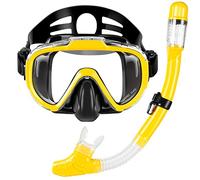 Snorkel Set, Dry Top Snorkeling Gear for Adults, Panoramic Anti-Leak and Anti-Fog Tempered Glass Lens, Adults Adjustable Snorkeling Set, Scuba Diving Swimming Training Snorkel Kit with Mesh Bag