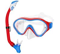 Snorkeling Gear for Kids with Foldable Silicone Full Dry Snorkel, Kids Snorkel Set Anti Leak Youth Junior Snorkeling Package Diving Mask Soft Tube with Mesh Bag Swimming Goggles, Red+Blue