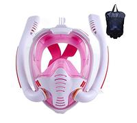 Snorkeling Mask Double Tube Silicone Full Dry Diving Mask Adult Swimming Mask Diving Goggles Self Contained Underwater Breathing(White Pink,S/M)