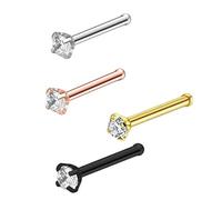 Snorvixre Multiple Styles Stainless Steel Nose Rings 4Pcs 4 Metallic Color Cubic Zirconia 0.8mm Gauge Body Piercing Jewelry Stainless Steel Nose Piercing Set