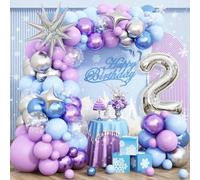 Snow 2nd Birthday Decorations Girl, Snowflake Balloon Garland Arch Kit, Laser Explosion Star Balloons, Silver Number 2 Balloon Tower for Baby Shower Girls 2nd Snow Theme Party Supplies