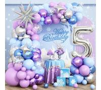 Snow 5th Birthday Decorations Girl, Winter Snowflake Balloon Garland Arch Kit, Laser Explosion Star Balloons, Silver Number 5 Balloon Tower for Baby Shower Girls 5th Snow Theme Party Supplies