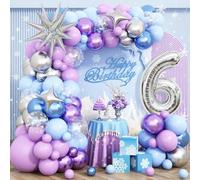 Snow 6th Birthday Decorations Girl, Snowflake Balloon Garland Arch Kit, Laser Explosion Star Balloons, Silver Number 6 Balloon Tower for Baby Shower Girls 6th Snow Theme Party Supplies