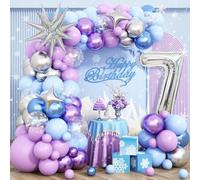 Snow 7th Birthday Decorations Girl, Snowflake Balloon Garland Arch Kit, Laser Explosion Star Balloons, Silver Number 7 Balloon Tower for Baby Shower Girls 7th Snow Theme Party Supplies