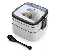 Snow Animal Polar Bear Bento Box with Spoon & Handle - 2 Compartment Leak-Proof Stackable Lunch Box for Adults, BPA-Free Reusable Food Containers for Work, Travel, Picnic