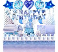 Snow Birthday Party Decorations, 83 PCS Dreamly Birthday Party Supplies Set Include Birthday Banner, Balloons, Cake Toppers, Cupcake Toppers, Tablecloth, Cups, Plates and Napkins