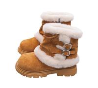 Snow Boots Kids Plush Solid Color Warm Ankle Boots with Buckle Strap Outdoor Non Slip Fluffy Lining Shoes Soft Sole Comfortable Flat Winter Footwear Wide Fit Casual Shoes Khaki