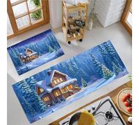 Snow Cabin In Pine Forest Non Slip kitchen floor mats Set 2 Piece, Animated Christmas Theme Kitchen Mat Anti Fatigue Set, Dark Blue kitchen carpets for Home Decoration - 50x80+50x120cm