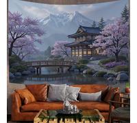 Snow-Capped Mountains Cherry Blossom Trees Tapestry Traditional Japanese Garden Wall Tapestry for Bedroom Aesthetic, Purple Tapestries Wall Hanging Background Cloth for Living Room Decor 150x130cm