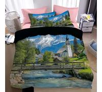 Snow-capped mountains Duvet Cover Set Scenic city town Bedding Set Natural Scenery Comforter Cover for Men Adults Landscape Painting Quilt Cover Woodland Decor Bedroom Collection 3Pcs King Size