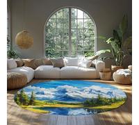 Snow Capped Mountains Green Trees Circle Carpet Beautiful Natural Scenery Round Area Rug for Living Home Office Dining Bedroom Decor 61cm（runden）