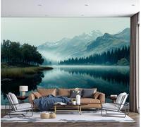 Snow-Capped Mountains Lakes Forests Wall Mural - 250x175cm Blue 3D Effect Photo Wallpaper Misty Mountain And Lake Scenery Panoramic Wall Art Poster for Living Room Bedroom Office Decoration, Blue