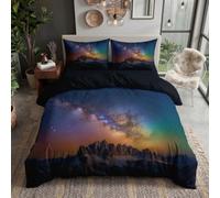 Snow-Capped Mountains, Milky Way, Starry Sky Duvet Cover Sets, Reversible Double Bedding Bed Set, Fantastic Natural Scenery Comforter Cover with Zipper Closure and 2 Pillowcases 50x75 cm, Blue-Green