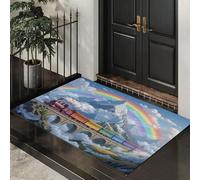 Snow-Capped Mountains Rainbows Trains Door Mat Inside Entrance 40 x 60 cm, Retro Cartoon Art Indoor Ultra Thin Doormat, Non-slip Dust Absorbent, Easy Clean Area Rug for Living Room Floor Carpet Mat