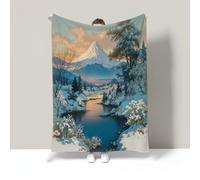 Snow-Capped Mountains Rivers Printed Blanket, Realistic Natural Scenery Throw Blanket Soft Cozy, Warm Flannel Bedding Blue Blankets, for Girls Kids Adults Bedroom Living Rooms Couch Travel 130x150 cm