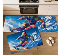 Snow-Capped Mountains Skiers Kitchen Rug Set 2 Pieces Non Slip and Anti Fatigue Mat Set, Washable Pop Art Style Kitchen Floor Mat, Blue Standing Mats for Office Home Decoration 40x60cm+40x120cm
