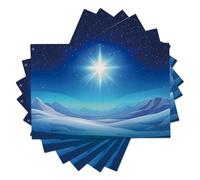 Snow-Capped Mountains Stars Heat Resistant Placemats 45x30cm, Blue Washable Cotton Linen Anti-Slip Placemat Set of 6, Christmas Night View Placemats for Xmas Holiday Dinning Party Table Decor