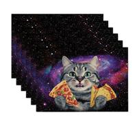 Snow Cat Placemats Set of 6, Cartoon Animal Pack Place Mat for Table, Spring Summer Blue Washable Heat-Resistant Place Mat For Kitchen Dining Party Wedding Decor, 45x30cm