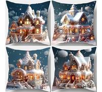 Snow Chalet Cushion Covers 35x35cm Set of 4 Decorative Throw Pillow Covers 14x14inch Soft Velvet Square Cushion Cases for Home Living Room Sofa Couch Bed Pillowcases