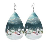 Snow Covered Village Town Patterned leather earrings, women's earrings, suitable for daily wear, party and date