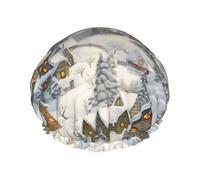 Snow Covered Village Town Print Shower Cap for Women Men, Reusable Double-Layer Fabric Bathing Cap Girls Hair Caps