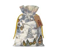 Snow Covered Village Town Printed Christmas Drawstring Bags,M | Reusable Xmas Gift Storage Bags, Yellow Christmas Ribbon